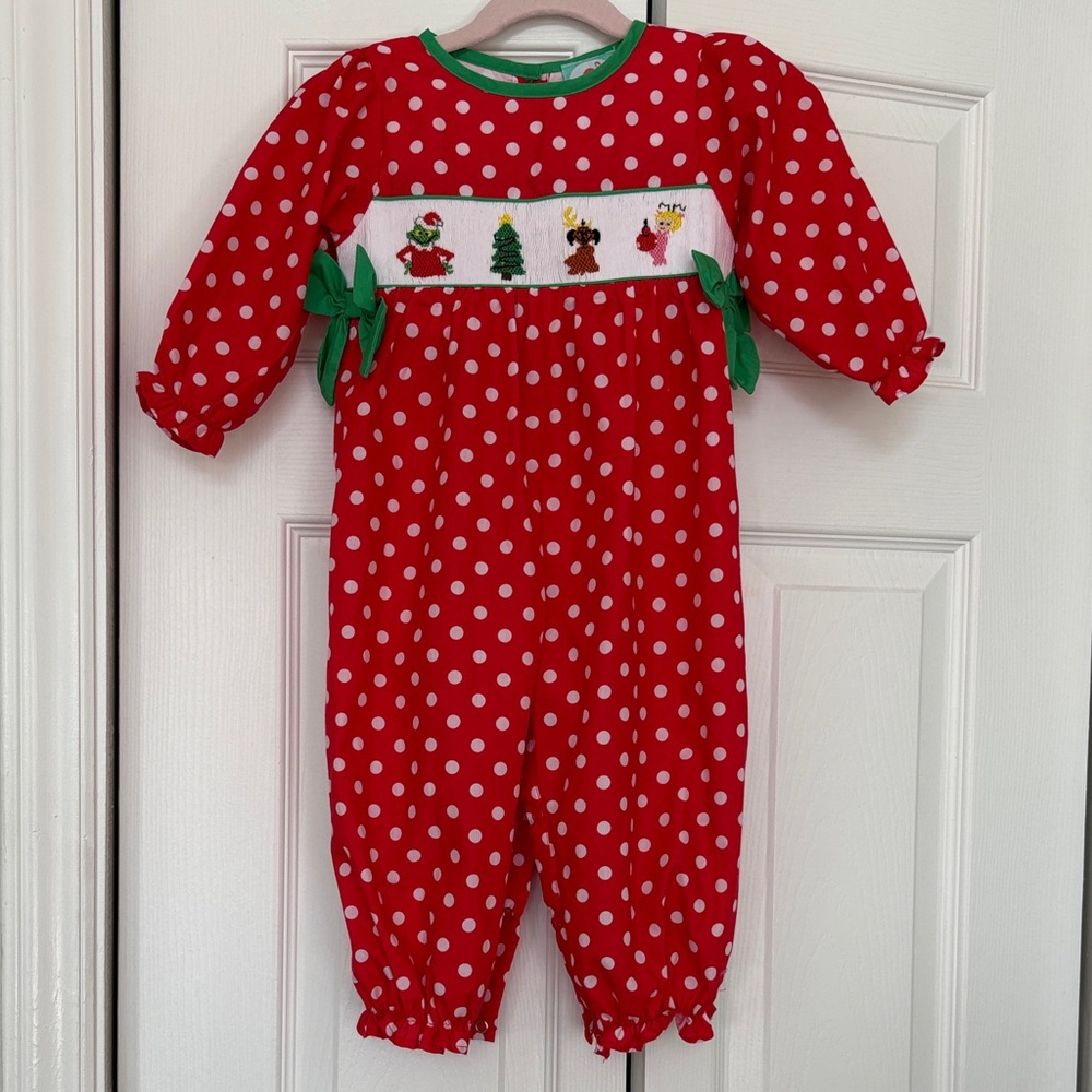 Red Polka Dot Kids One-Piece with Holiday Smocked Grinch Panel